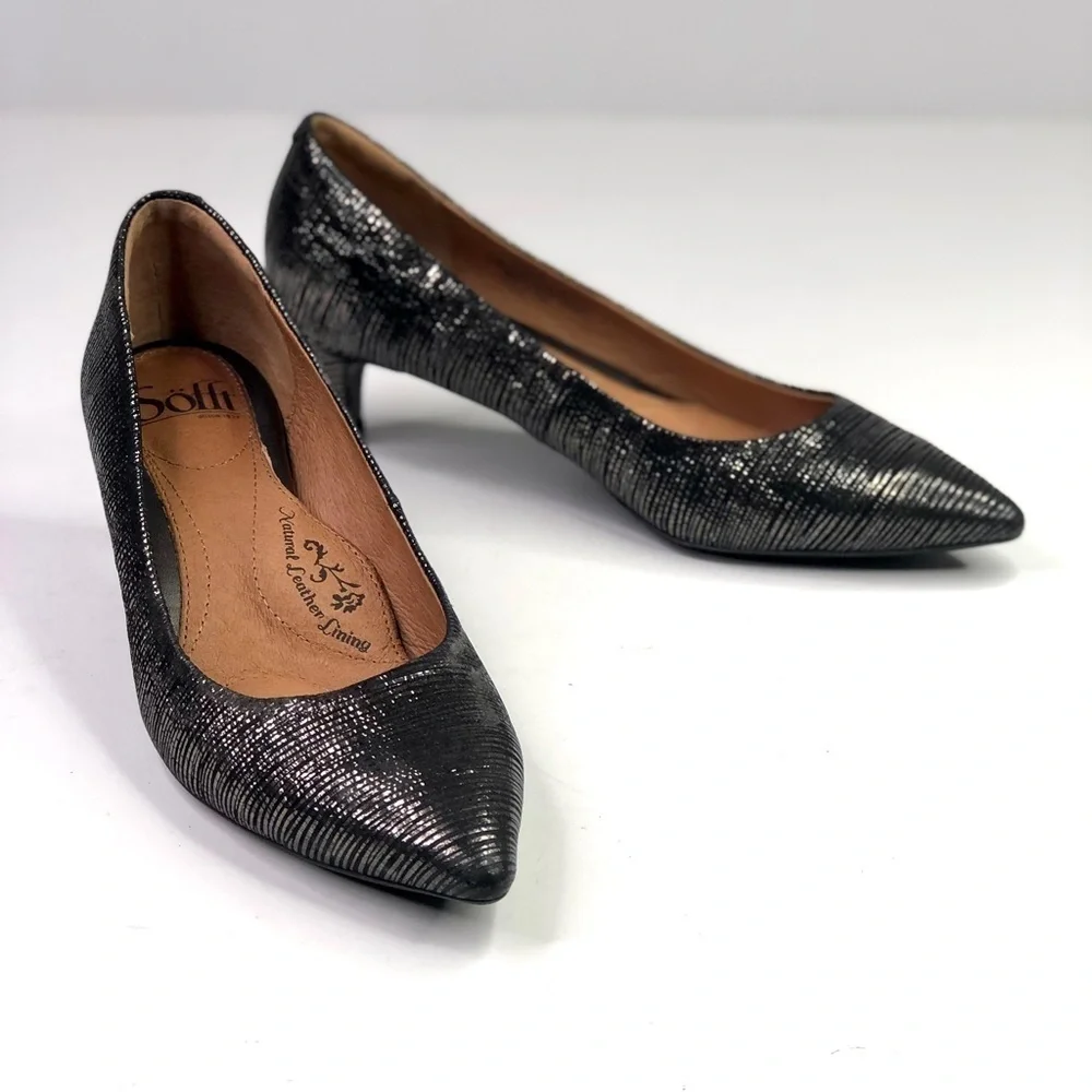 Sofft Altessa kitten heel black metallic silver stripes leather pointy toe 6.5